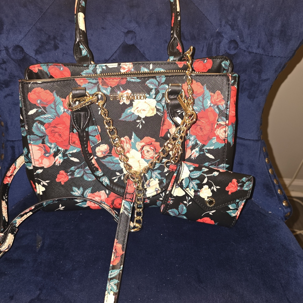 Steve Madden Black and Red Floral Satchel Set